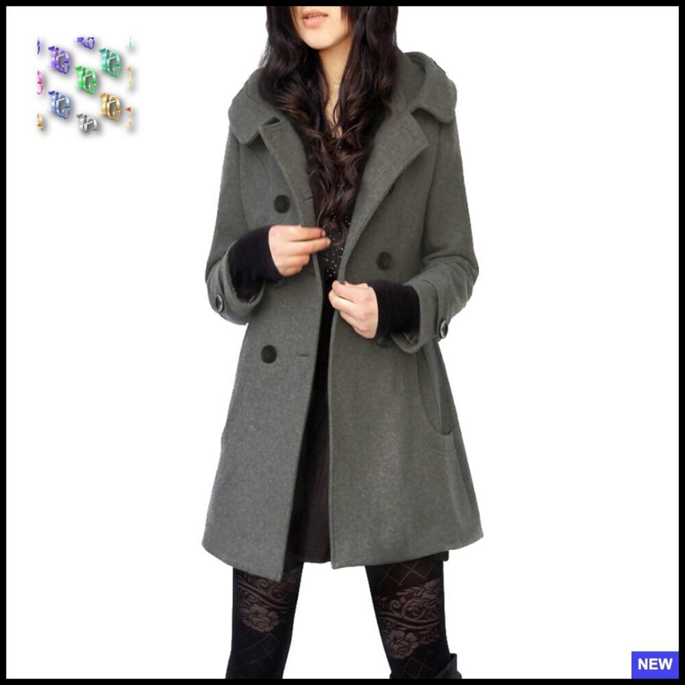 Wool Pea Coat with Hood Double Breasted Trench Elegant Winter Jacket